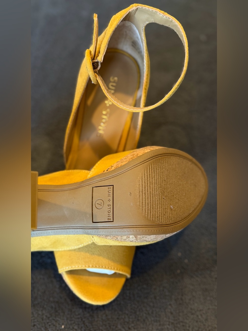 Sun + Stone Yellow Suede Cork Platform Heels - Picture 6 of 6